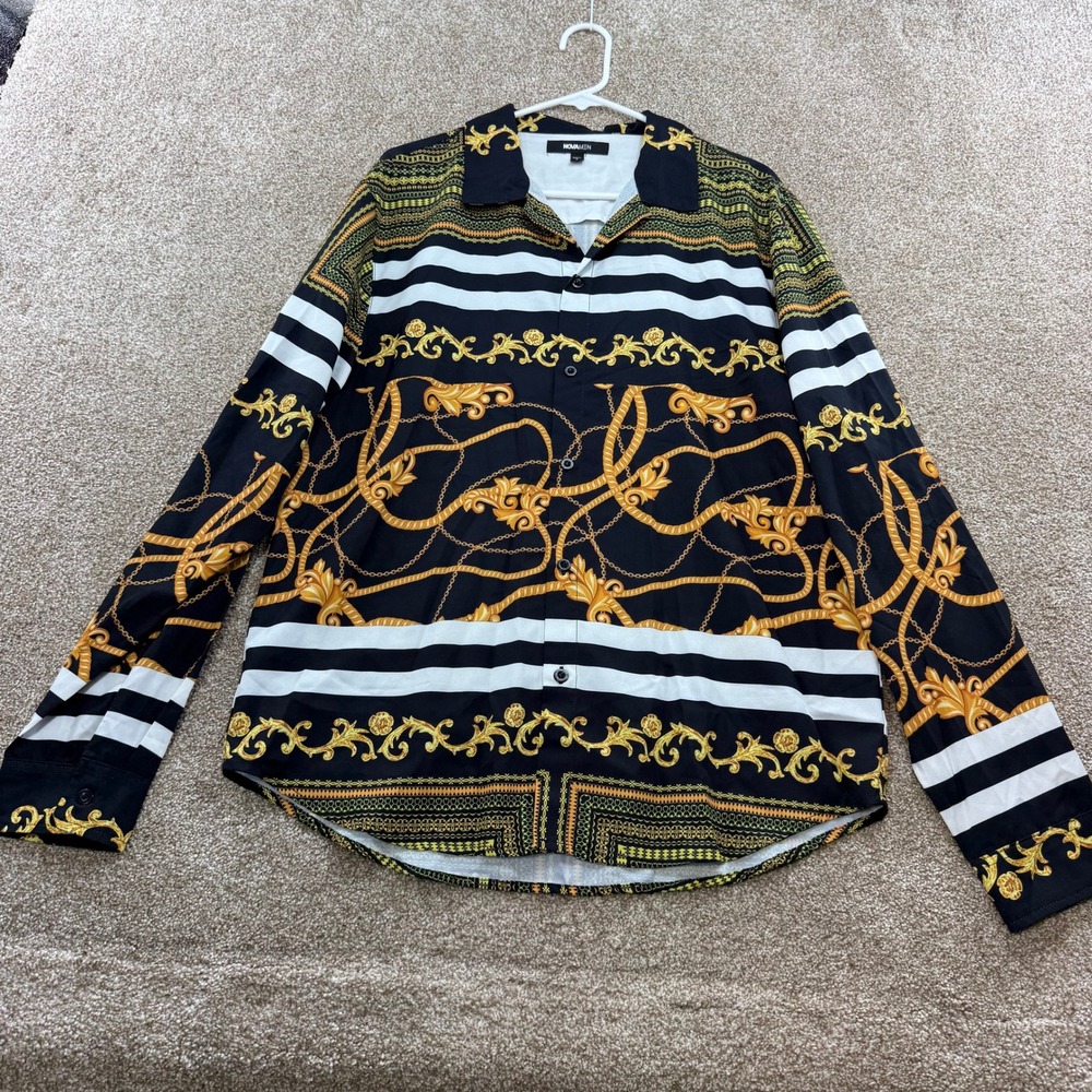 Fashion Nova Men NOVAMEN Baroque Chain Print Long Sleeve Button Up Shirt L Bold